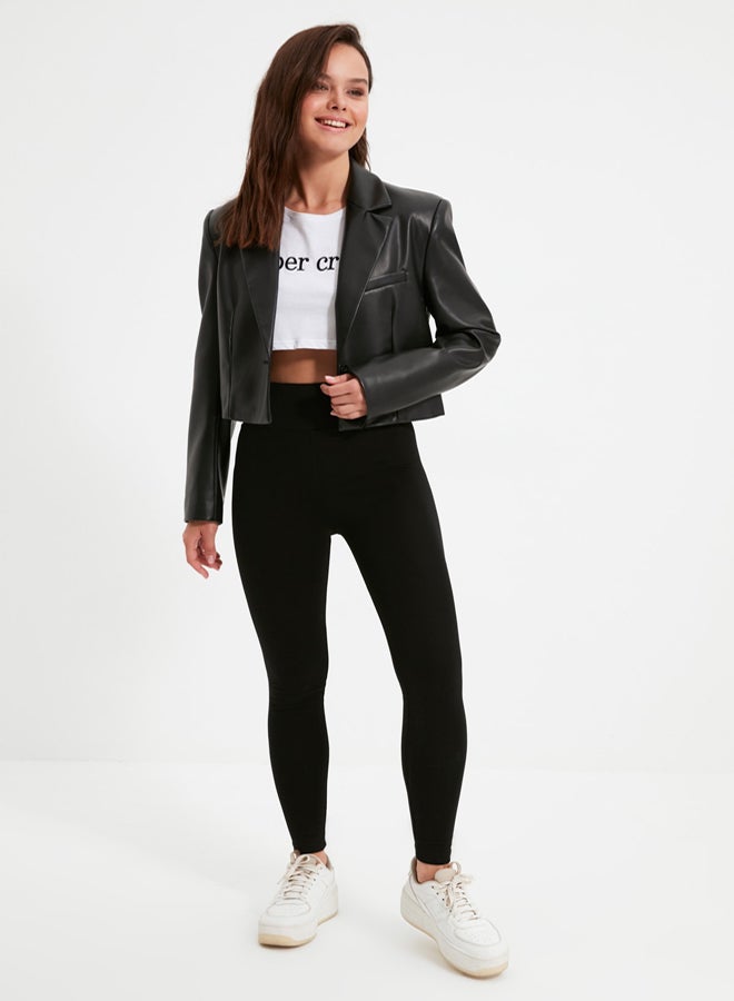 trendyol Black High Waist Basic Knitted Interlock Leggings With Elastic Waist - Image 4