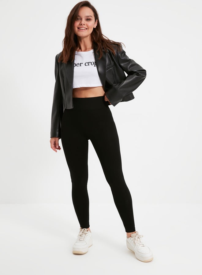 trendyol Black High Waist Basic Knitted Interlock Leggings With Elastic Waist - Image 1