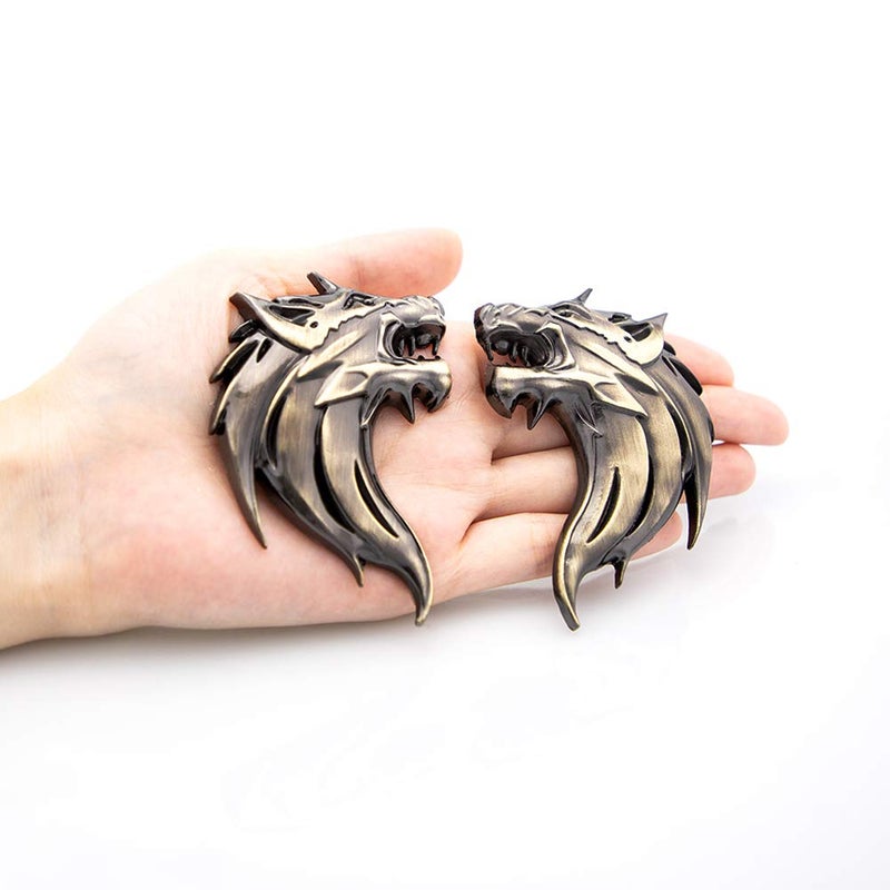 2pcs 3D Wolf Head Metal Emblem Car Motorcycles Side Fender Rear Styling Emblem Badge Decal Gold