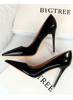BIGTREE Women's Fashionable Shiny Stiletto Pumps 10.5cm Elegant Gorgeous Closed Pointed Toe Slip On Solid High Heels Black  - Image 1