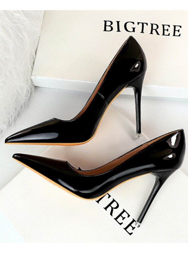 BIGTREE Women's Fashionable Shiny Stiletto Pumps 10.5cm Elegant Gorgeous Closed Pointed Toe Slip On Solid High Heels Black  - Image 1