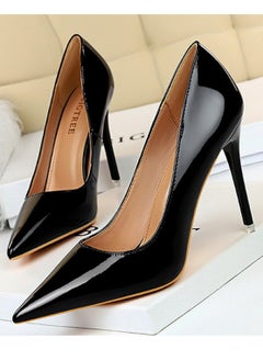 BIGTREE Women's Fashionable Shiny Stiletto Pumps 10.5cm Elegant Gorgeous Closed Pointed Toe Slip On Solid High Heels Black  - Image 2