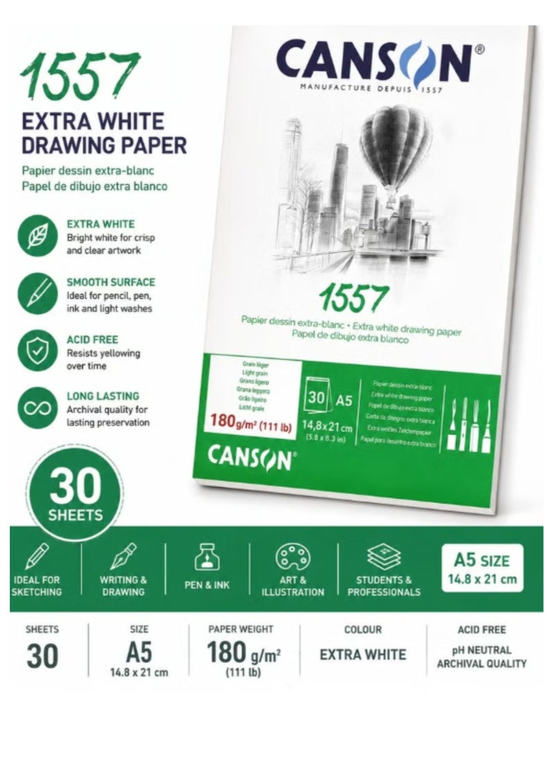CANSON 1-Piece A5 Size Extra White Drawing Paper Pad 180gsm Thickness 30 Sheets - Image 2