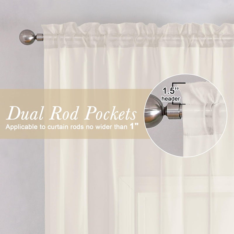 Lecloud 14 Inch Ivory Sheer Curtains Valance 2 Pieces  Cafe Kitchen Curtain for Small Window Dual Rod Pockets  Light Filtering Living Room Bedroom Half Valance Curtains  40"" Wx14 L - Image 2