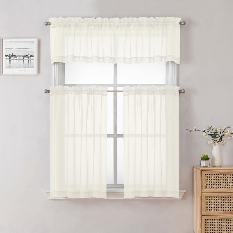 Lecloud 14 Inch Ivory Sheer Curtains Valance 2 Pieces  Cafe Kitchen Curtain for Small Window Dual Rod Pockets  Light Filtering Living Room Bedroom Half Valance Curtains  40"" Wx14 L - Image 3