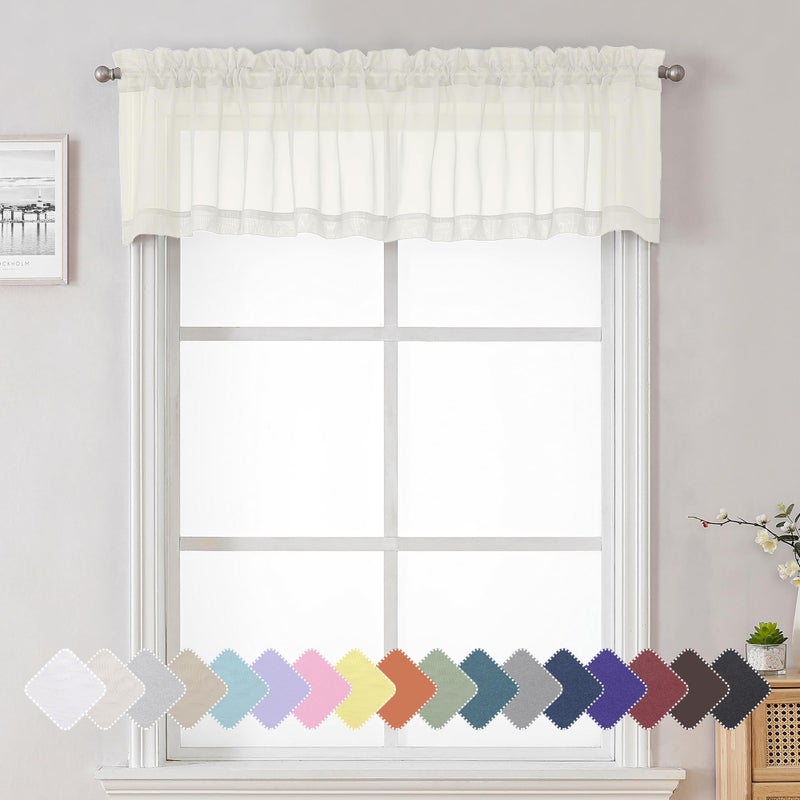 Lecloud 14 Inch Ivory Sheer Curtains Valance 2 Pieces  Cafe Kitchen Curtain for Small Window Dual Rod Pockets  Light Filtering Living Room Bedroom Half Valance Curtains  40"" Wx14 L - Image 1