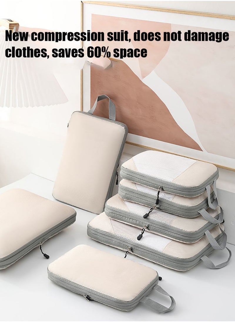 MissTiara - 7-piece Set Of Clothing Compression Storage Bag Clothing Folding Storage Box Clothes Shoes Suitcase Travel Bag Beige - Image 1