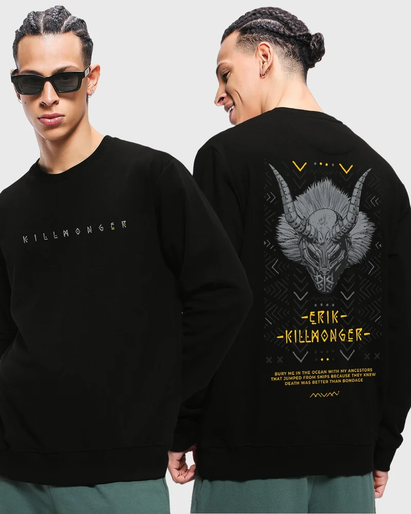 bewakoof Men's Black Killmonger Graphic Printed Sweatshirt