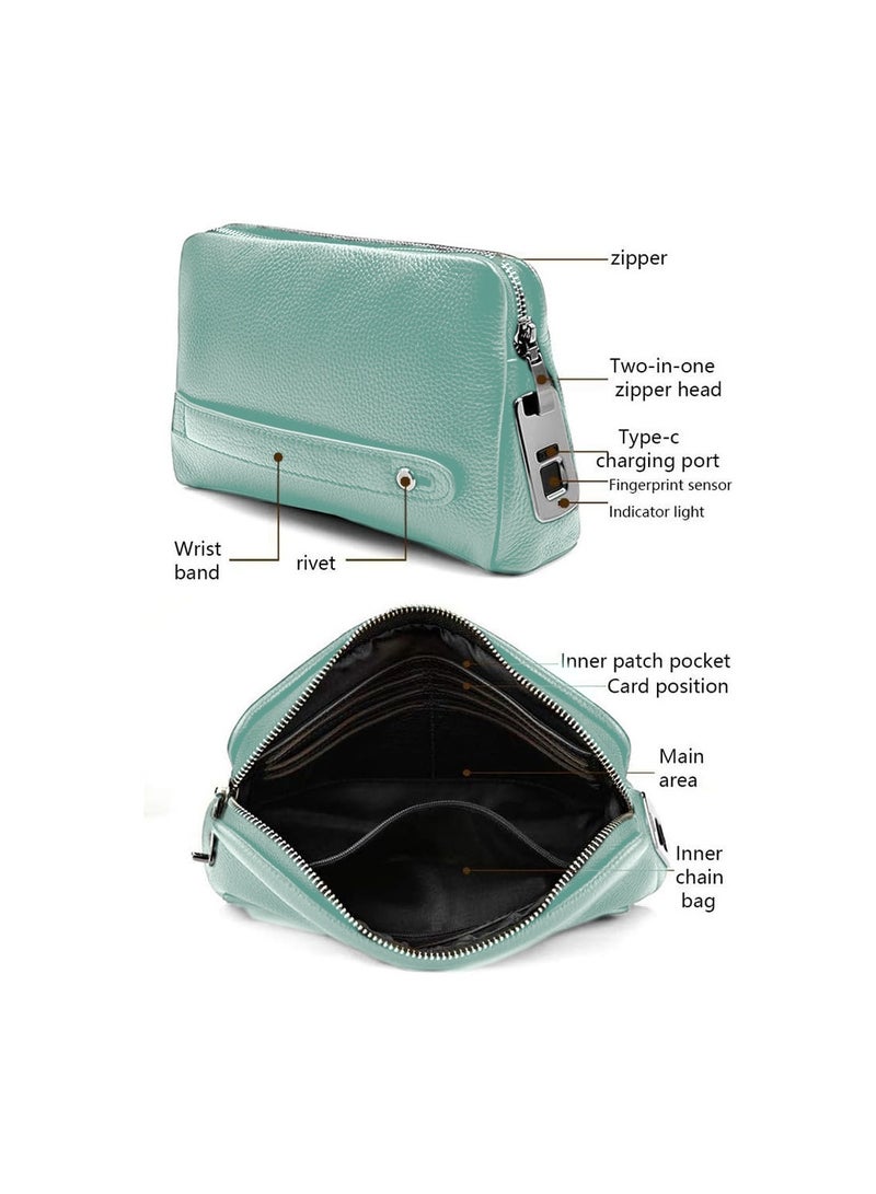 Wtech Leather Fingerprint Lock Bag for Men And Women Hand Bag Male Long Money Wallets Mobile Phone Pouch Smart Lock System Clutch Bag - Pale Green - Image 4