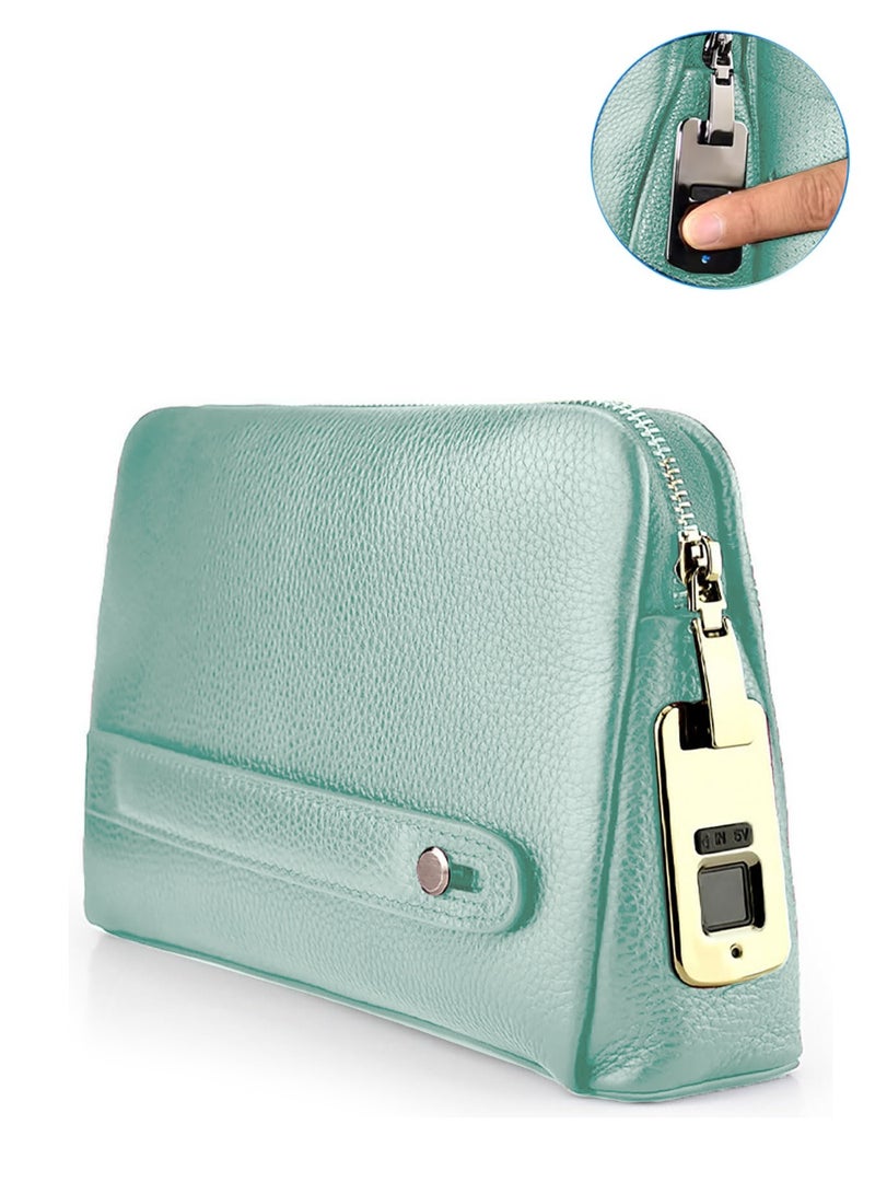 Wtech Leather Fingerprint Lock Bag for Men And Women Hand Bag Male Long Money Wallets Mobile Phone Pouch Smart Lock System Clutch Bag - Pale Green - Image 1