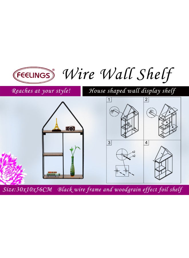 Feelings Feelings Metal Wire House Shape Wall Shelves For Space Saving Home Décor Made of D5 metal in black powder coating, 3.8mm MDF+PVC Decorative Display Shelf for Bedroom, Living Room, Bathroom, Office  - Image 4