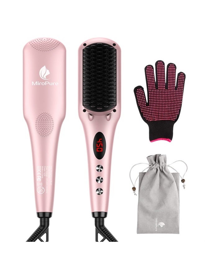 miropure Enhanced Hair Straightener Heat Brush by MiroPure, 2-in-1 Ceramic Ionic Straightening Brush, Hot Comb with Anti-Scald Feature, Auto Temperature Lock & Auto-Off Function (Pink) 4 Piece Set - Image 1