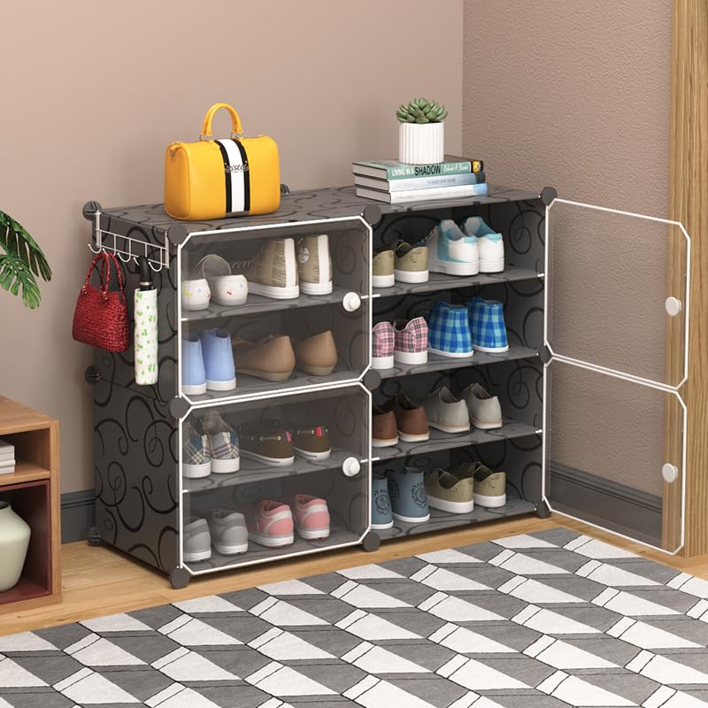 Kuber Industries Kuber Industries Shoes Cabinet |2 Column 4-Tier Foldable Shoe Rack Organizer for Closet | Plastic Shoe Shelf Collapsible Shoes Storage Box | Shoe Cabinet with Lids | JL2C4TBK | Black  - Image 1
