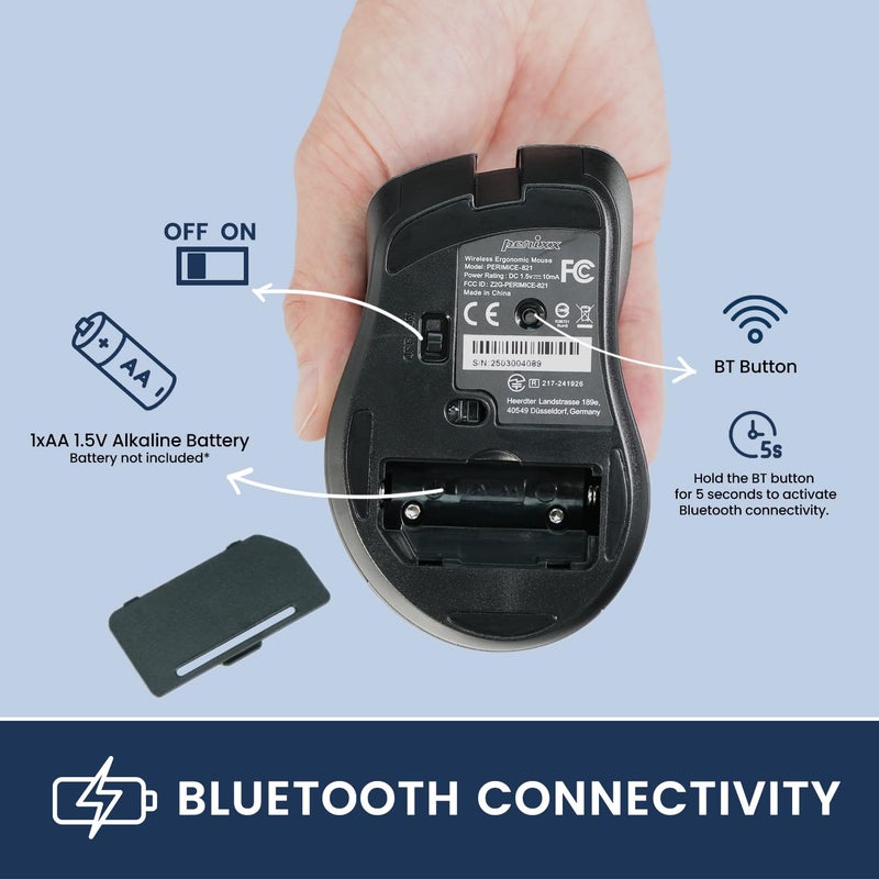 Perixx PERIMICE-821IB Wireless Bluetooth Mouse - Silent Click - Ergonomic Design - Iron Black - Image 4