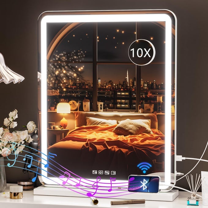 VANITY MIRROR WITH LIGHTS AND BLUETOOTH SPEAKER 20 X 25 LED MAKEUP MIRROR LIGHT UP MIRROR WITH 10X MAGNIFICATION AND USB CHARGING PORT SMART TOUCH 3 COLORS DIMMABLE WHITE