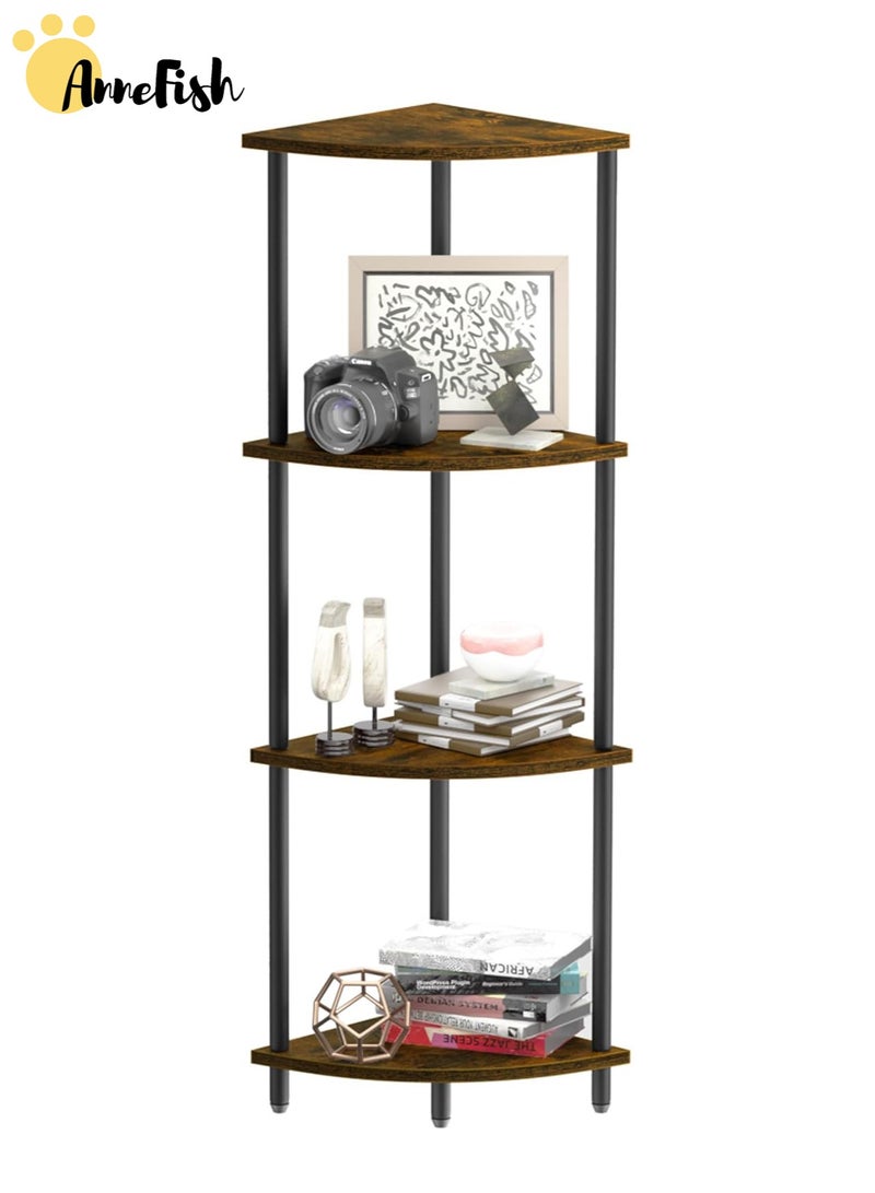 AnneFish 4Tier Corner Shelf Stand Industrial Corner Bookshelf With Metal Frame Plant Corner Display Shelf Corner Bookcase For Bedroom Living Room Rustic Brown  - Image 1