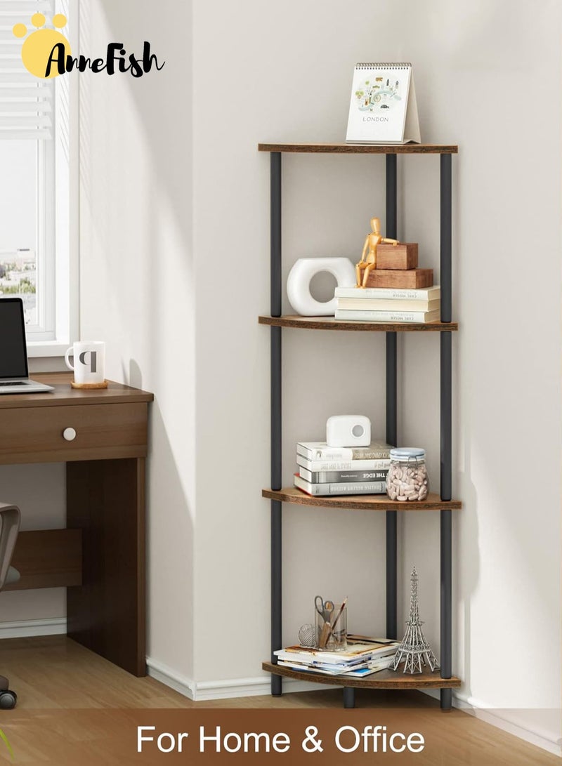 AnneFish 4Tier Corner Shelf Stand Industrial Corner Bookshelf With Metal Frame Plant Corner Display Shelf Corner Bookcase For Bedroom Living Room Rustic Brown  - Image 2
