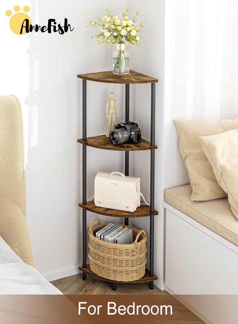 AnneFish 4Tier Corner Shelf Stand Industrial Corner Bookshelf With Metal Frame Plant Corner Display Shelf Corner Bookcase For Bedroom Living Room Rustic Brown  - Image 3