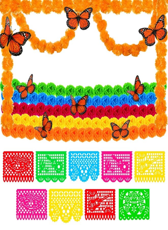 Hanaive 47 Pcs Day of The Dead Decorations Dia De Los Muertos Decor Artificial Marigold Flower Garlands Mexican Party Papel Picado Banner Orange Monarch Butterfly for Indian Diwali Decor(Multicolor) - Image 1