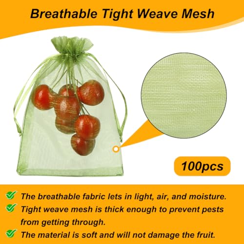 Shintop 100Pcs Fruit Protection Bags, 4x6 Inch Green Strawberry Netting Cover Drawstring Mesh Bags Pest Barrier for Blueberry Small Fruit - Image 3