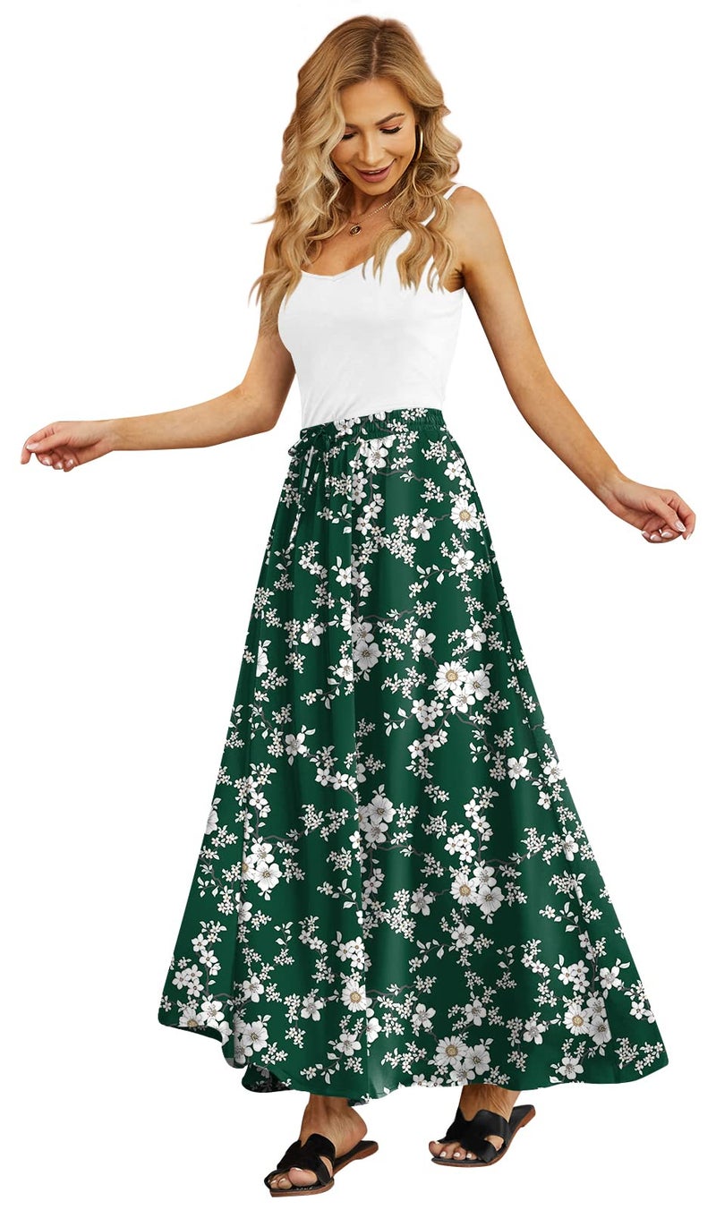 Yincro Women's Flowy Maxi Skirt Summer Pleated High Waisted Casual Long Skirts with Pockets (White Flower Green, XL) - Image 3
