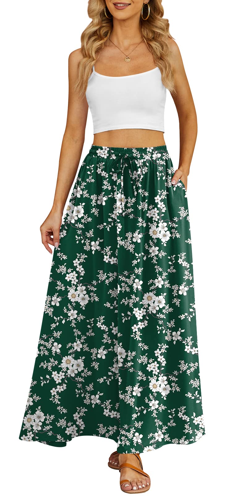 Yincro Women's Flowy Maxi Skirt Summer Pleated High Waisted Casual Long Skirts with Pockets (White Flower Green, XL) - Image 2