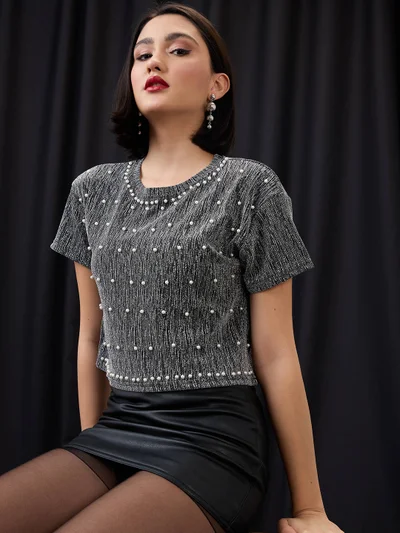 جلو باص Women Grey Round Neck Pearl Embellished Detail Lurex Party Crop Top