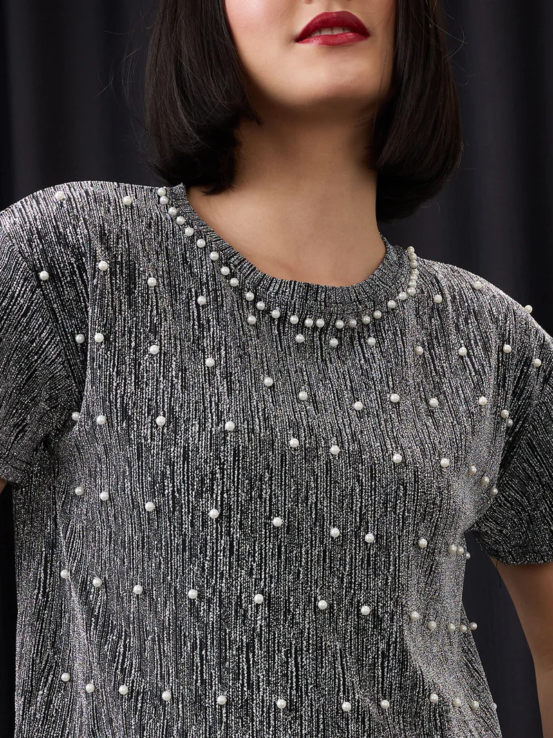 جلو باص Women Grey Round Neck Pearl Embellished Detail Lurex Party Crop Top