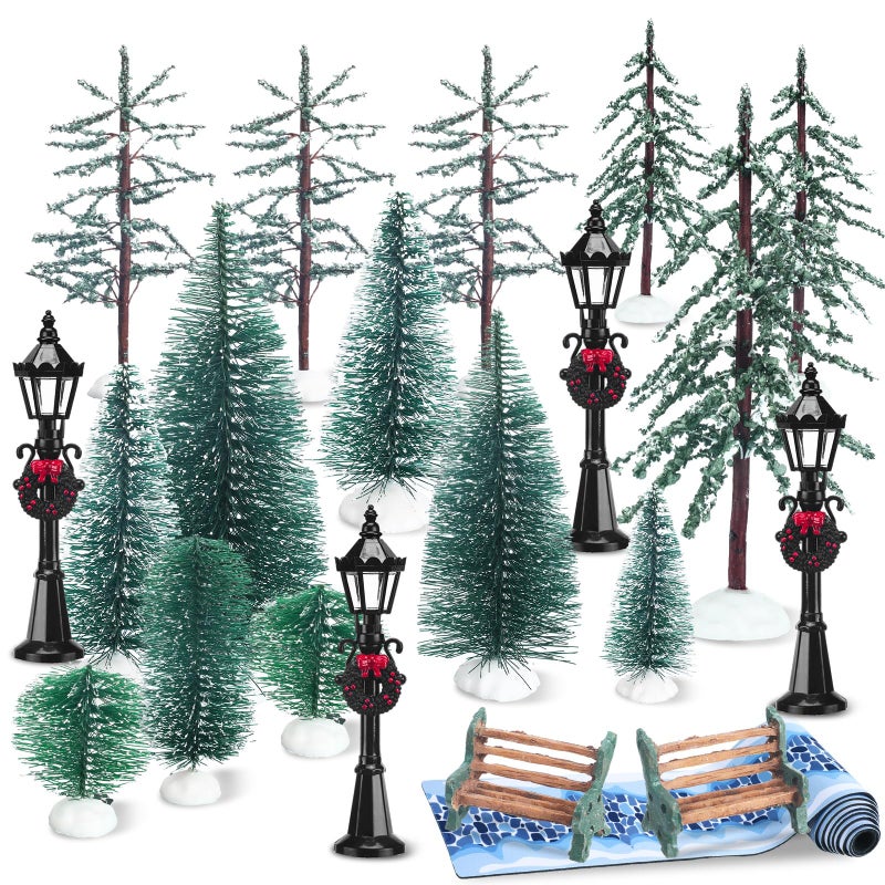Halloscume 22 Pcs Christmas Village Sets Accessories Miniature Pine Trees Christmas Village Frosted Christmas Tree Figurine Streetlight Lamps Village Street Mat Park Bench Seat for Xmas Winter Decor - Image 2