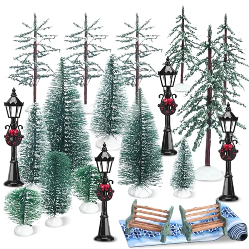 Halloscume 22 Pcs Christmas Village Sets Accessories Miniature Pine Trees Christmas Village Frosted Christmas Tree Figurine Streetlight Lamps Village Street Mat Park Bench Seat for Xmas Winter Decor - Image 1