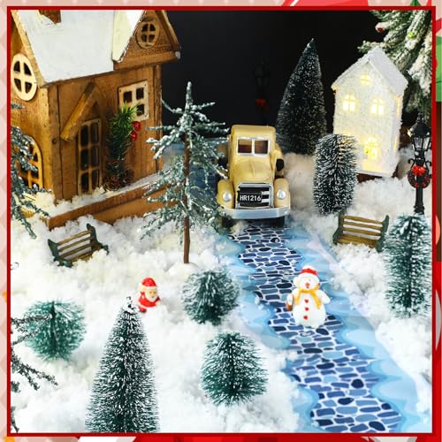 Halloscume 22 Pcs Christmas Village Sets Accessories Miniature Pine Trees Christmas Village Frosted Christmas Tree Figurine Streetlight Lamps Village Street Mat Park Bench Seat for Xmas Winter Decor - Image 3