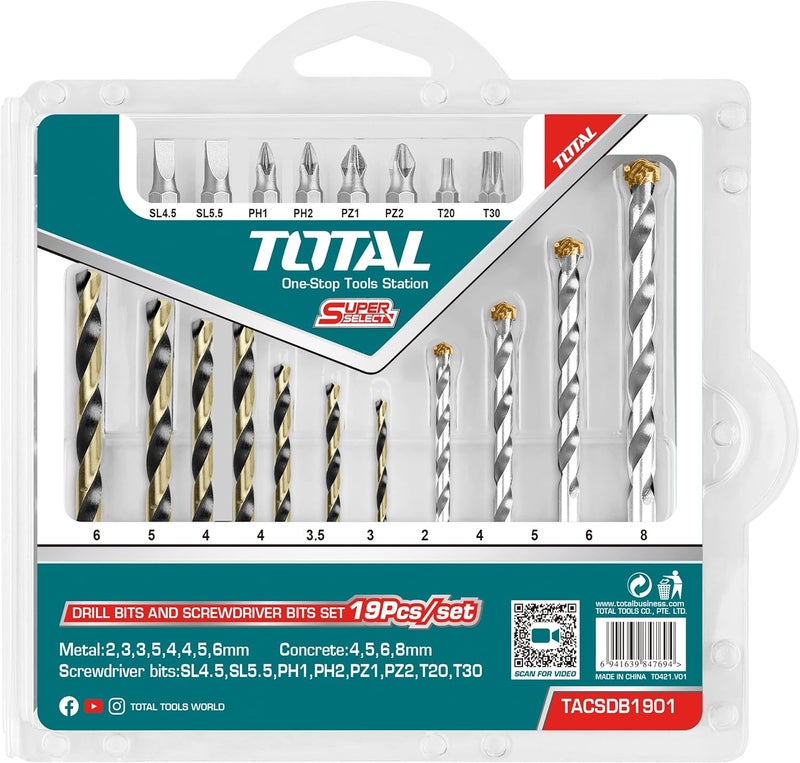 Total 19PCS Drill Bits and Screwdriver Bits Set - Image 1