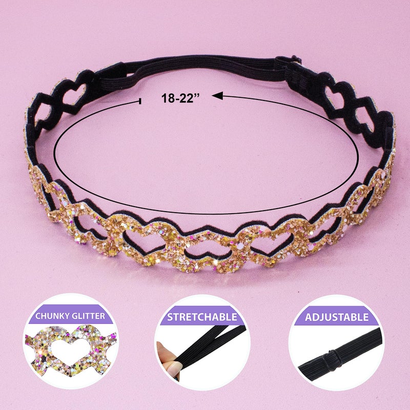 FROG SAC 6 Glitter Headbands for Girls, Adjustable Non Slip Thin Elastic Hair Bands for Kids, Stretch Heart Zig Zag Girl Hair Accessories, Sparkly Headband, Head Band Hairband (Multicolor 1, Kids) - Image 4