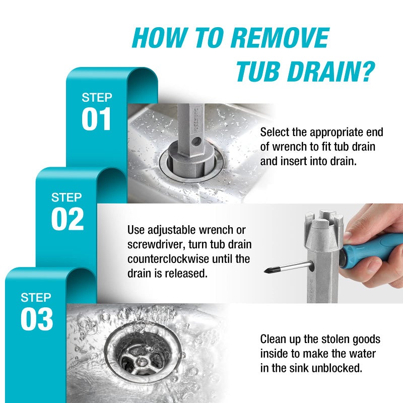DURATECH Tub Drain Remover Wrench, Dual Ended Aluminum Alloy Wrench for Bath and Shower Drains - Image 2