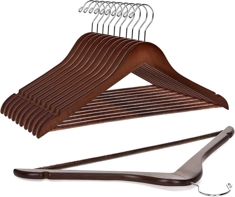 Quality Hangers Wooden - Slightly Curved Hanger 10 Pack Sets - Solid Wood Coat with Stylish Chrome Hooks - Heavy-Duty Clothes, Jacket, Shirt, Pants, Suit (Walnut/Retro, 10) - Image 1