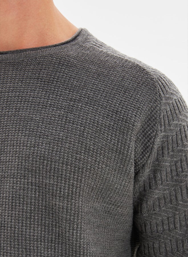trendyol Gray Patterned Slim Fit Knitwear Sweater  Crew Neck, Sleeve Texture, - Image 3