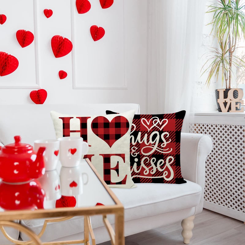 Hlonon Valentines Day Pillow Covers 16x16 Inch Set of 4 Buffalo Plaid Farmhouse Decoration and Heart Love Throw Pillow Covers for Home Outdoor Indoor Decor - Image 5