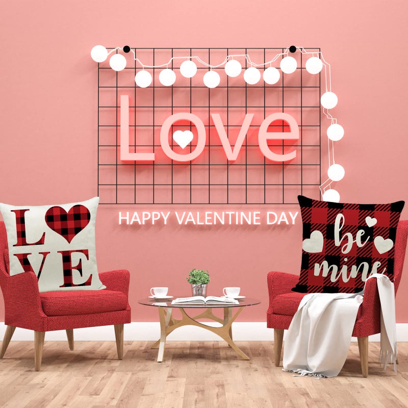 Hlonon Valentines Day Pillow Covers 16x16 Inch Set of 4 Buffalo Plaid Farmhouse Decoration and Heart Love Throw Pillow Covers for Home Outdoor Indoor Decor - Image 4