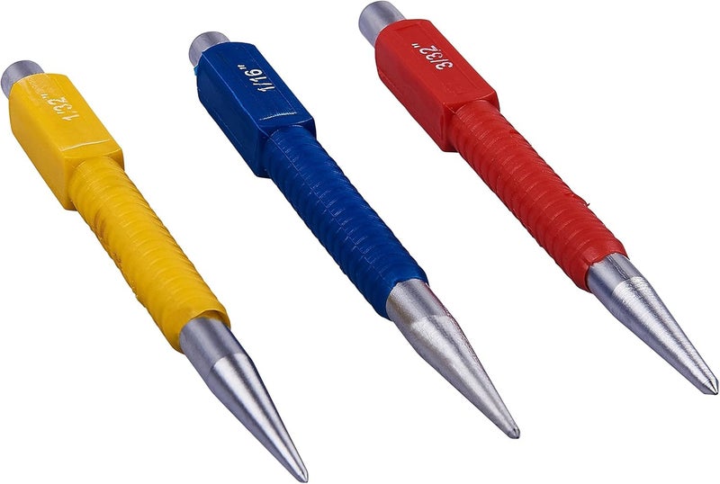 3-Piece Centre Punch Set, Colour-Coded in Red, Blue, Yellow with Metal Tips