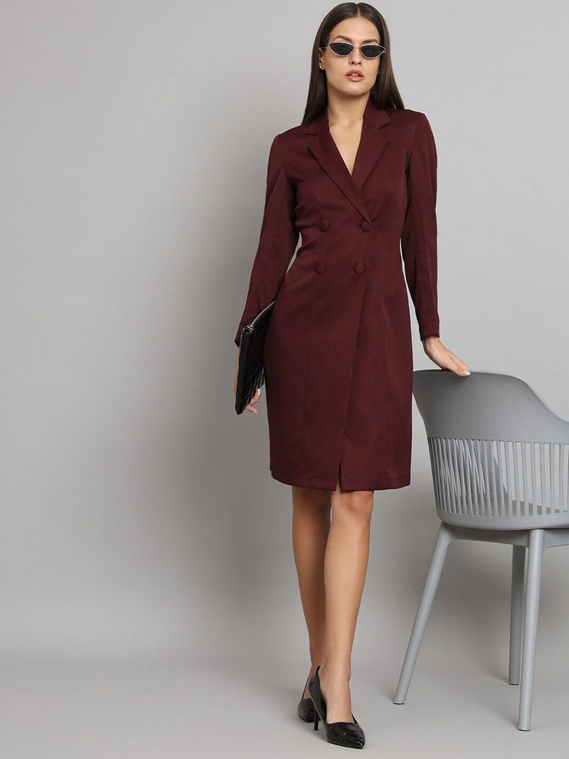 Powersutra Blazer Dress for Women | Double Breasted Dress | Office Wear for Women | Knee Length Dress for Women | Dress with Pockets Maroon - Image 3
