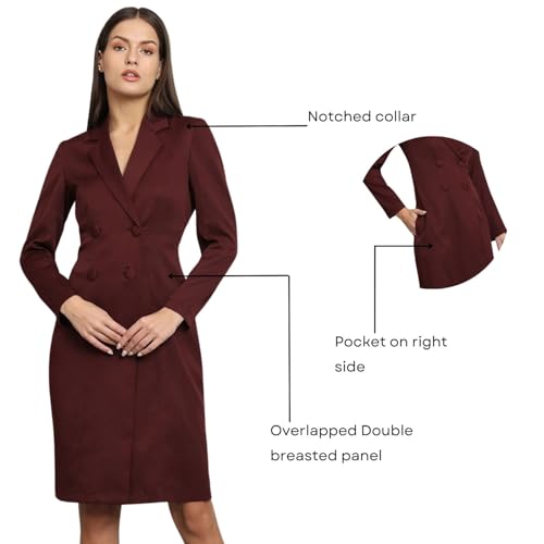 Powersutra Blazer Dress for Women | Double Breasted Dress | Office Wear for Women | Knee Length Dress for Women | Dress with Pockets Maroon - Image 5