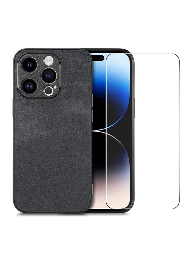 Case For iPhone 15 Pro Retro Leather Skin PC Phone Case with High Aluminum-silicon Glass Film