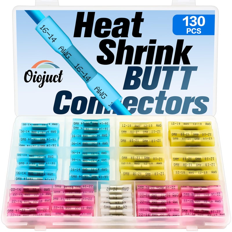 Oiojuct Heat Shrink Butt Connectors Kit - Waterproof Electrical Wire Splice Crimp Terminals for Automotive, Marine, Wiring (130Pcs) - Image 1