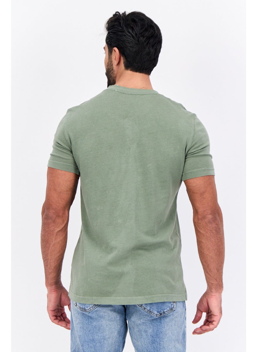 MUSTANG Men V Neck Long Sleeve Embroidered T-Shirt, Green  - Image 3
