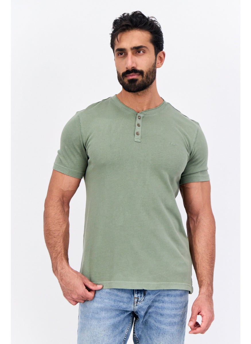 MUSTANG Men V Neck Long Sleeve Embroidered T-Shirt, Green  - Image 1
