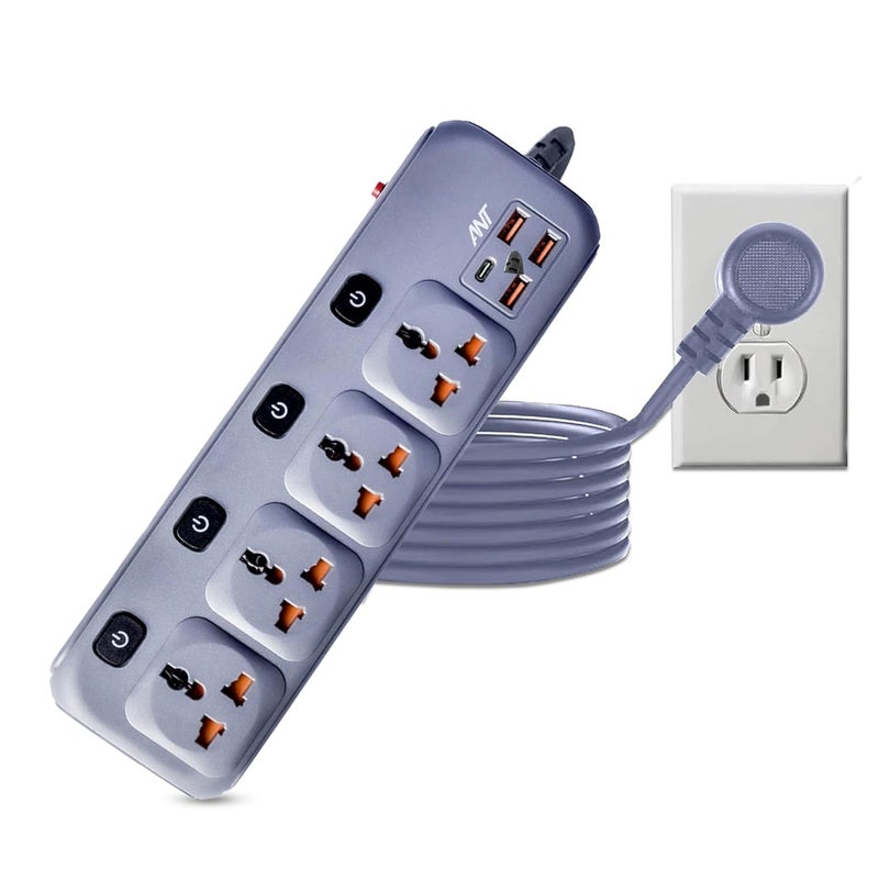 Ant موزع الطاقة PS431 مع مفتاح طاقة فردي، سلك تمديد عالمي بطول 10 أقدام، 4 مآخذ AC، 3 USB، 1 منفذ Type C PD، بحد أقصى 2500 واط، 220-250 فولت، موسع مآخذ متعدد للاستخدام المنزلي والمكتبي - رمادي - Image 1