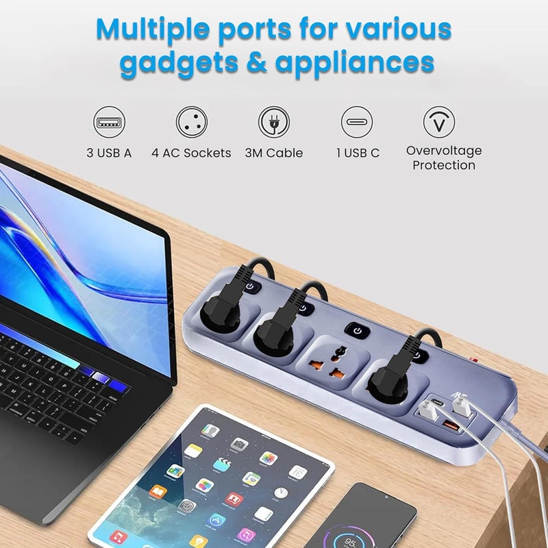 Ant موزع الطاقة PS431 مع مفتاح طاقة فردي، سلك تمديد عالمي بطول 10 أقدام، 4 مآخذ AC، 3 USB، 1 منفذ Type C PD، بحد أقصى 2500 واط، 220-250 فولت، موسع مآخذ متعدد للاستخدام المنزلي والمكتبي - رمادي - Image 4