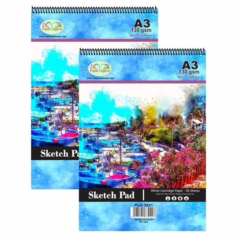 PLG EXPORTS (Set of 2) A3 Sketch Pad Spiral Bound 30 Sheets Sketch book 130 GSM White Cartridge Paper Drawing Book for Drawing Sketching Painting Acid-Free Art Paper for Kids Adults Artists Students & Professionals - Image 1