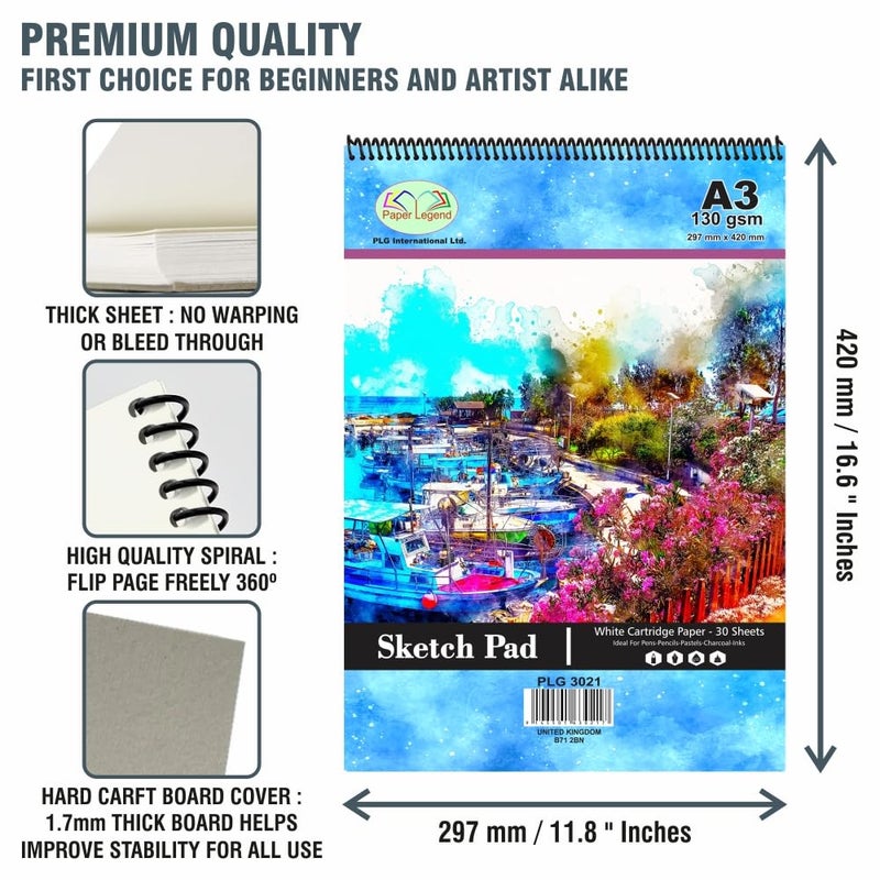 PLG EXPORTS (Set of 2) A3 Sketch Pad Spiral Bound 30 Sheets Sketch book 130 GSM White Cartridge Paper Drawing Book for Drawing Sketching Painting Acid-Free Art Paper for Kids Adults Artists Students & Professionals - Image 4
