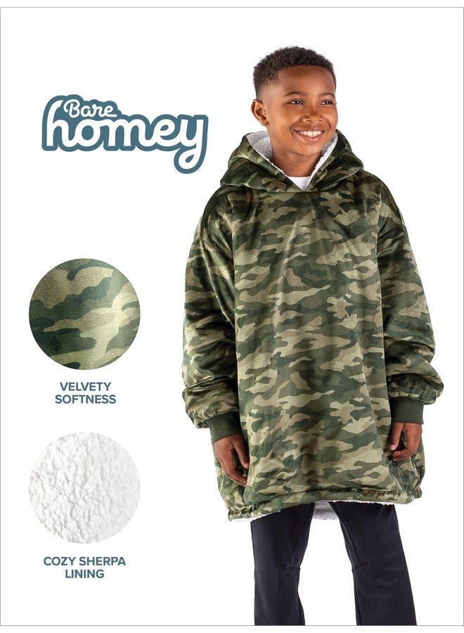 Bare Home Bare Home Sherpa Fleece Wearable Blanket - Oversized Wearable Blanket Hoodie - Kids Size - Warm & Cozy - Soft Blanket - Comfortable Blanket Sweatshirt with Dual-Sided Pockets (Kids, Camo - Green) - Image 2